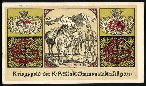 Notgeld Immenstadt, 1918, 50 Pfennig, Soldaten mit Pferd und Wappenillustration