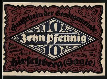 Notgeld Hirschberg (Saale), 1921, 10 Pfennig, Stadtansicht und Pokal