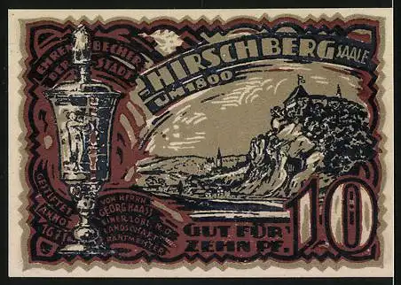 Notgeld Hirschberg (Saale), 1921, 10 Pfennig, Stadtansicht und Pokal