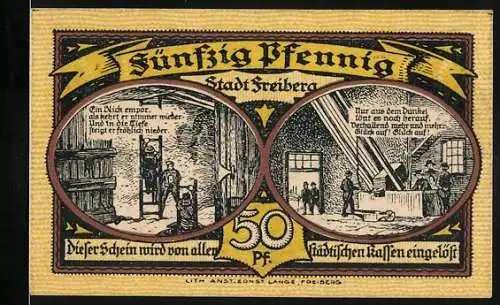 Notgeld Freiberg, 1921, 50 Pfennig, zwei Szenen Innenräume und Stadtansicht mit Bergbau-Symbolen