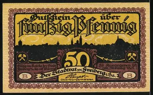 Notgeld Freiberg, 1921, 50 Pfennig, zwei Szenen Innenräume und Stadtansicht mit Bergbau-Symbolen