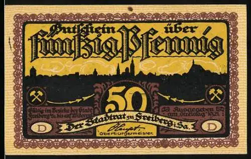 Notgeld Freiberg, 1921, 50 Pfennig, Stadtansicht und Szenen aus dem Bergbau