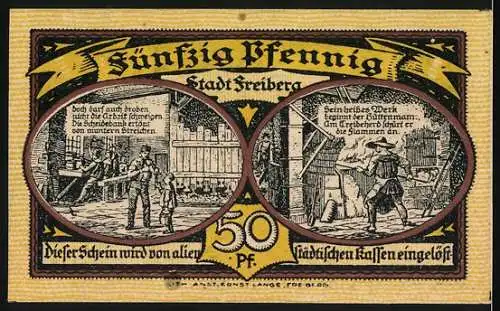 Notgeld Freiberg, 1921, 50 Pfennig, Stadtansicht und Szenen aus dem Bergbau