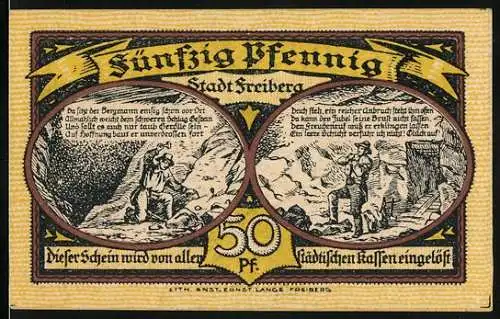 Notgeld Freiberg, 1921, 50 Pfennig, Bergmann und Stadtansicht