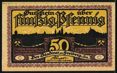 Notgeld Freiberg, 1921, 50 Pfennig, Bergmann und Stadtansicht