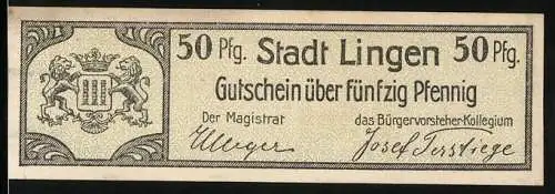 Notgeld Lingen 1920, 50 Pfennig, Gutschein über fünfzig Pfennig mit Stadtwappen und Unterschriften