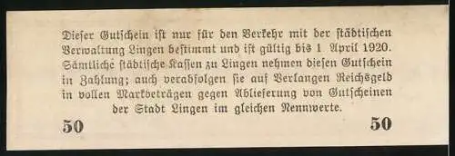 Notgeld Lingen 1920, 50 Pfennig, Gutschein über fünfzig Pfennig mit Stadtwappen und Unterschriften