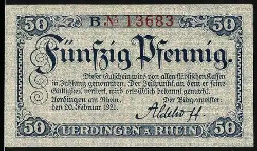 Notgeld Uerdingen am Rhein, 1921, 50 Pfennig, Stadtansicht mit Wappen und Text Mer halde tesame!