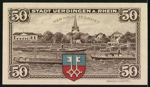 Notgeld Uerdingen am Rhein, 1921, 50 Pfennig, Stadtansicht mit Wappen und Text Mer halde tesame!