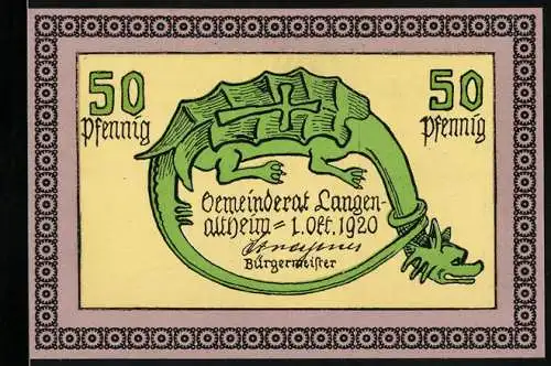 Notgeld Langenaltheim 1920, 50 Pfennig, Gemeinde mit Drachen und Landschaftsszene