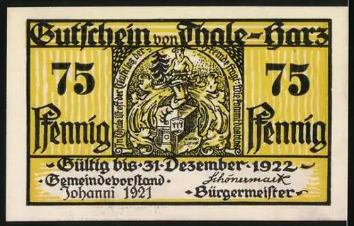 Notgeld Thale - Harz, 1922, 75 Pfennig, Gutschein mit Berglandschaft und Wappen, gültig bis 31. Dezember 1922