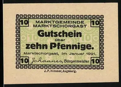 Notgeld Marktschorgast, 1921, 10 Pfennig, Gutschein der Marktgemeinde mit Stadtwappen Rose von 1323