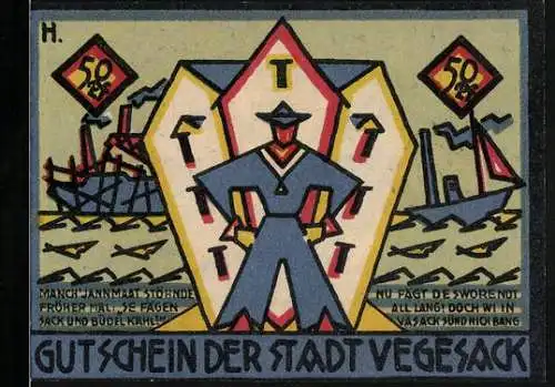 Notgeld Vegesack 1921, 50 Pfennig, Seemann mit Industrieszene und Werkzeuge, beidseitig bedruckt, Seriennummer 89570