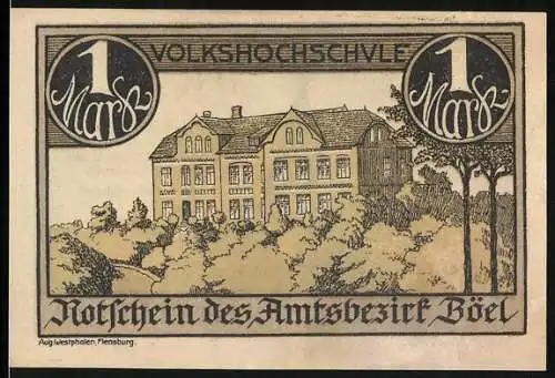 Notgeld Böel, 1 Mark, Darstellung eines Gebäudes und einer Kirche, Volkshochschule und Kalandsbruderschaft