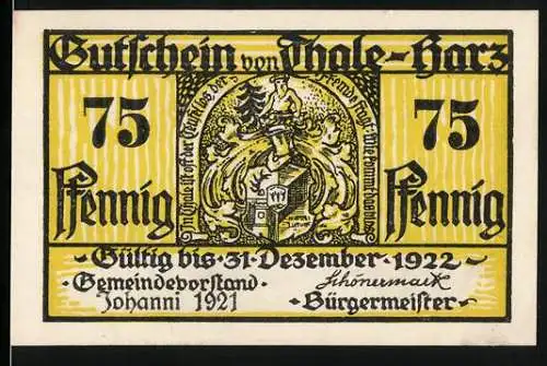 Notgeld Thale - Harz, 1921, 75 Pfennig, Gutschein mit Illustrationen und Gültigkeitsdatum bis 31. Dezember 1922