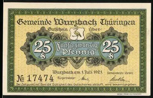 Notgeld Wurzbach 1921, 25 Pfennig, Landschaft und Bergmann, Seriennummer 17474