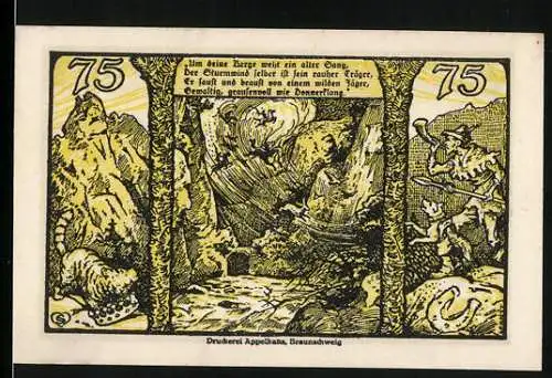 Notgeld Thale - Harz 1921, 75 Pfennig, Landschaft mit Höhle und Fabelwesen, Wappen und Gültigkeitsdatum