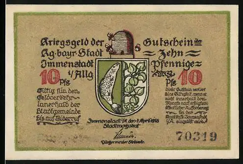 Notgeld Immenstadt, 1918, 10 Pfennig, Kriegsnachweis und Wappen mit Bauer und Ährenbündel