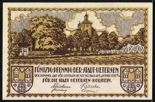 Notgeld Uetersen, 50 Pfennig, Gutschein der Stadt Uetersen, Industrielandschaft und Parkansicht