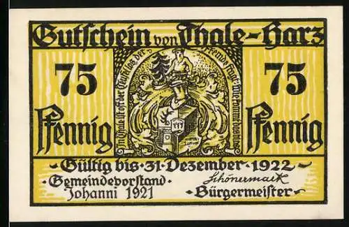 Notgeld Thale - Harz, 1921, 75 Pfennig, Gutschein gültig bis 31. Dezember 1922, Rückseite mit Berglandschaft und Text