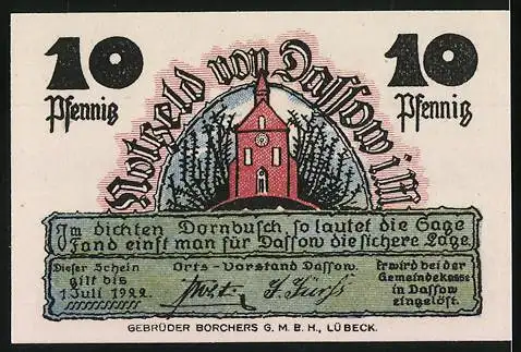 Notgeld Dassow, 1922, 10 Pfennig, Darstellung eines Mannes mit Sense und einer Kirche, Textausschnitte und Verzierungen