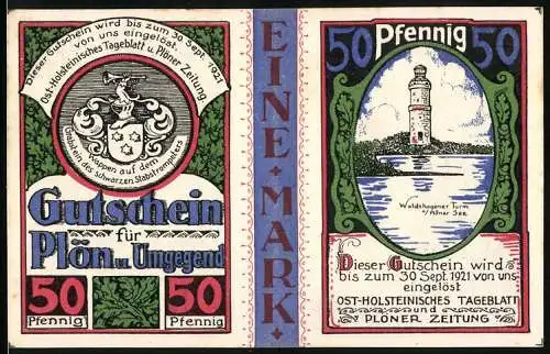 Notgeld Plön, 1921, 2x 50 Pfennig, Gutschein für Plön und Umgebung mit Wappen und historischen Gebäuden