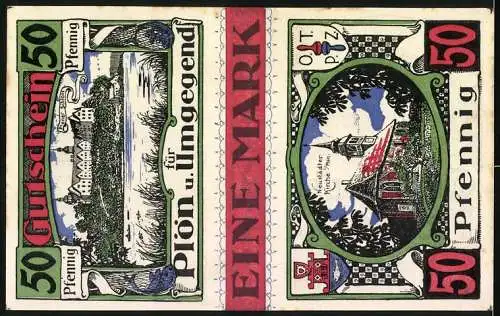 Notgeld Plön, 1921, 2x 50 Pfennig, Gutschein für Plön und Umgebung mit Wappen und historischen Gebäuden