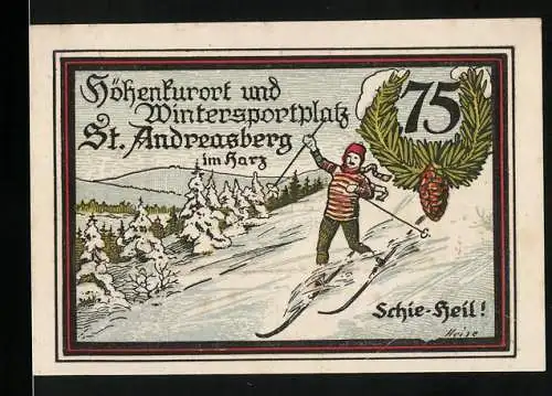 Notgeld St. Andreasberg, 1921, 75 Pfennig, Skifahrer und Zahnrad Bahnhof im Harz