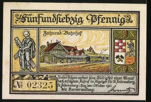 Notgeld St. Andreasberg, 1921, 75 Pfennig, Skifahrer und Zahnrad Bahnhof im Harz