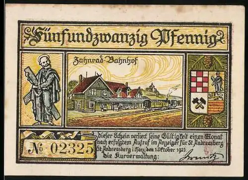 Notgeld St. Andreasberg, 1921, 25 Pfennig, Bahnhof und Vogelkäfig, Seriennummer 02325