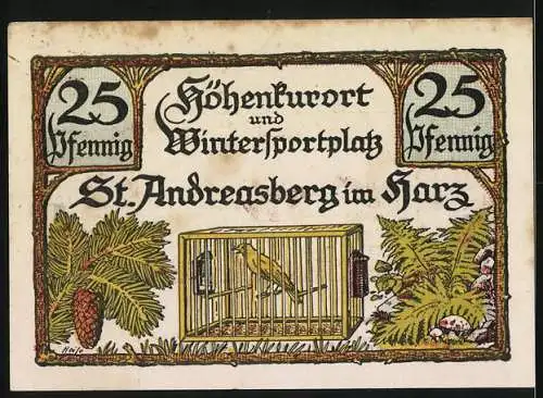Notgeld St. Andreasberg, 1921, 25 Pfennig, Bahnhof und Vogelkäfig, Seriennummer 02325