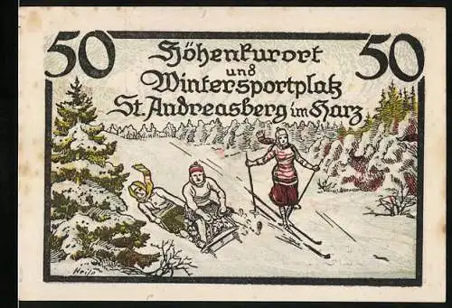 Notgeld St. Andreasberg, 1921, 50 Pfennig, Skifahrer und Schlittenfahrer im Winterkurort, Bahnhof der Zahnradbahn