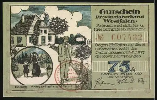 Notgeld Bochum 1920, 75 Pfennig, Gutschein für Kriegsbeschädigte und Kriegerhinterbliebene mit Landschaftsmotiv