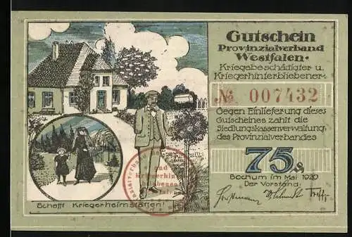Notgeld Bochum 1920, 75 Pfennig, Gutschein Provinzialverband Westfalen für Kriegsbeschädigte und Kriegshinterbliebene
