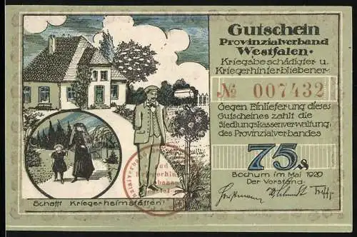 Notgeld Bochum, 1920, 75 Pfennig, Kriegsbeschädigte und Kriegshinterbliebene, Bochum, Haus mit Soldaten