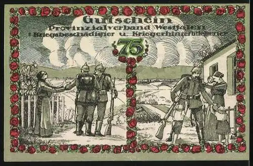 Notgeld Bochum, 1920, 75 Pfennig, Kriegsbeschädigte und Kriegshinterbliebene, Bochum, Haus mit Soldaten