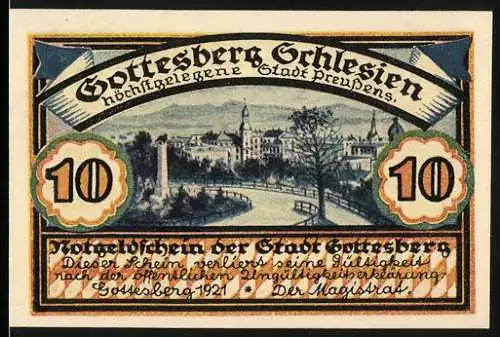 Notgeld Gottesberg Schlesien, 1921, 10 Pfennig, Stadtansicht und Bergmannsmotiv