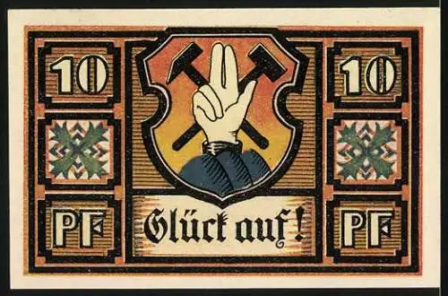 Notgeld Gottesberg Schlesien, 1921, 10 Pfennig, Stadtansicht und Bergmannsmotiv