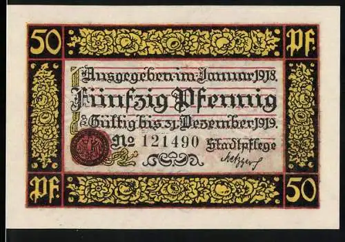 Notgeld Rottweil 1918, 50 Pfennig, Kriegsnotgeld mit Adler und dekorativen Mustern