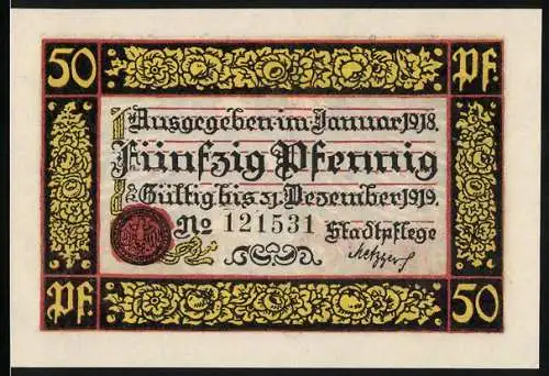 Notgeld Rottweil 1918, 50 Pfennig, Ausgegeben im Januar 1918 mit Stadtwappen und Adler-Motiv