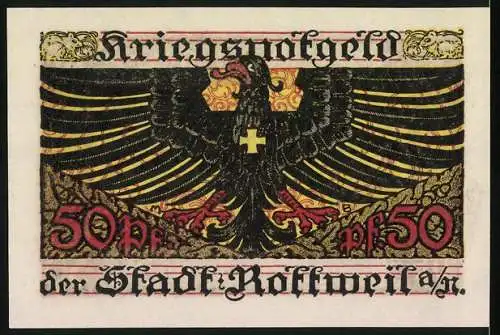 Notgeld Rottweil 1918, 50 Pfennig, Ausgegeben im Januar 1918 mit Stadtwappen und Adler-Motiv