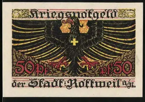 Notgeld Rottweil, 1918, 50 Pfennig, Kriegsnotgeld mit Adler und floralen Mustern