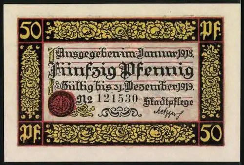 Notgeld Rottweil, 1918, 50 Pfennig, Kriegsnotgeld mit Adler und floralen Mustern