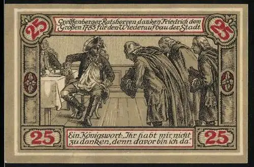 Notgeld Greiffenberg 1922, 25 Pfennig, Ratsherren danken Friedrich dem Grossen und Ritter schlägt den Greif
