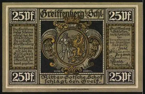 Notgeld Greiffenberg 1922, 25 Pfennig, Ratsherren danken Friedrich dem Grossen und Ritter schlägt den Greif