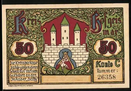 Notgeld Hofgeismar, 50 Pfennig, Burg und Stadtansicht von Trendelburg, Konto C, Nummer 26358