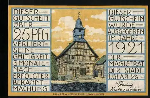Notgeld Uslar 1921, 25 Pfennig, Fachwerkhaus mit Turm und Stadtwappen