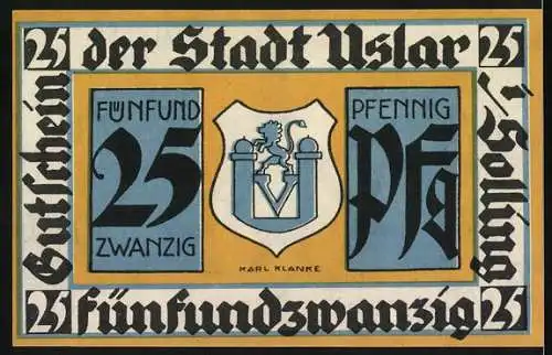 Notgeld Uslar 1921, 25 Pfennig, Fachwerkhaus mit Turm und Stadtwappen