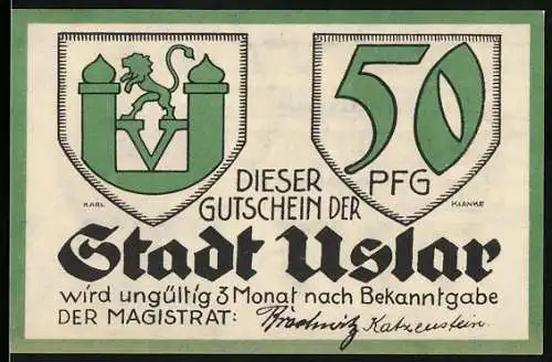 Notgeld Uslar, 50 Pfennig, Gutschein der Stadt Uslar mit Wappen und Redner Bode