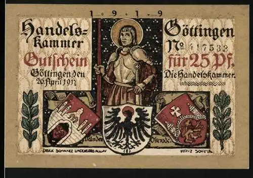 Notgeld Göttingen, 1919, 25 Pfennig, Handelskammer Gutschein mit Ritter und Wappen